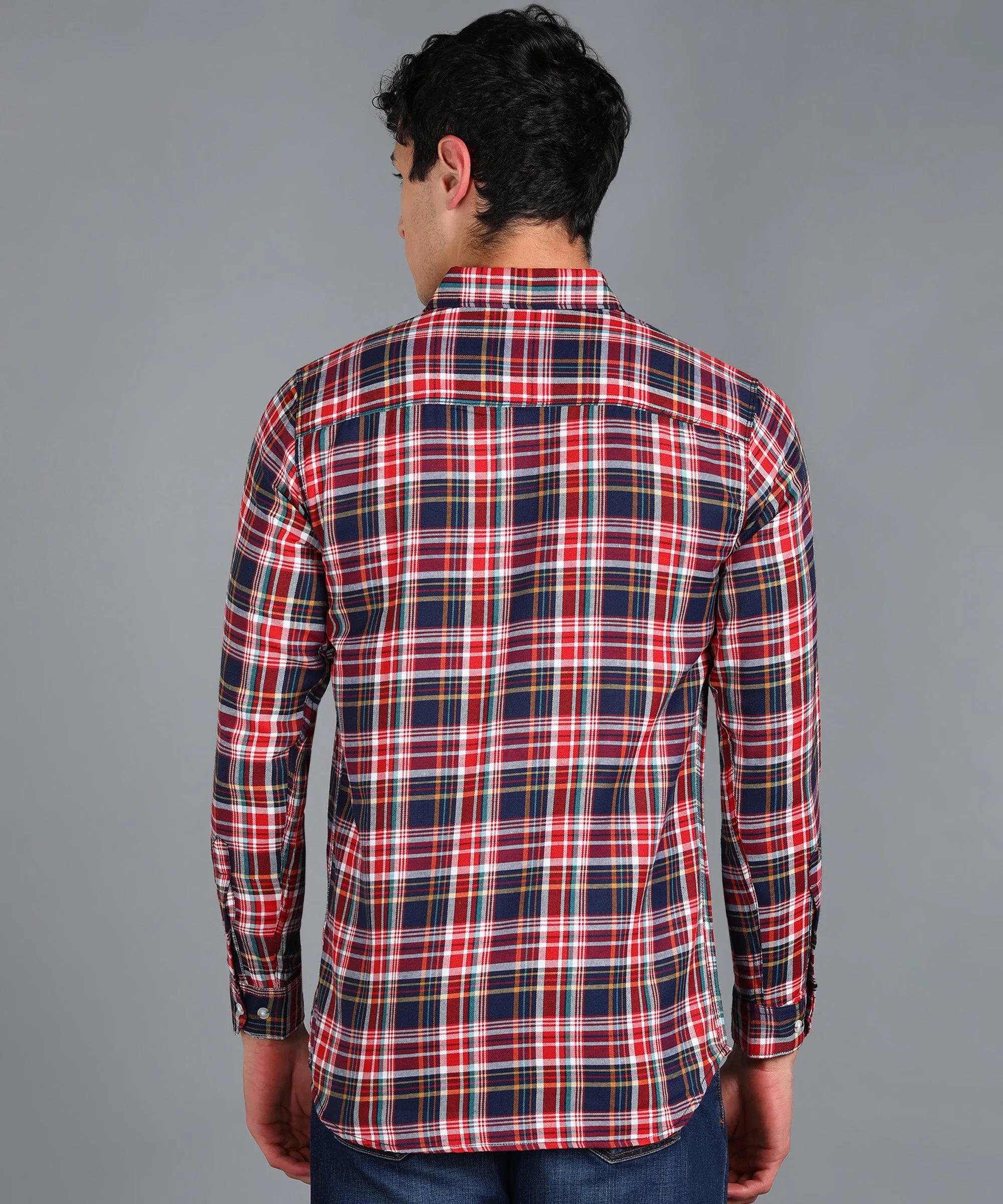 Men's Red Cotton Full Sleeve Slim Fit Casual Checkered Shirt