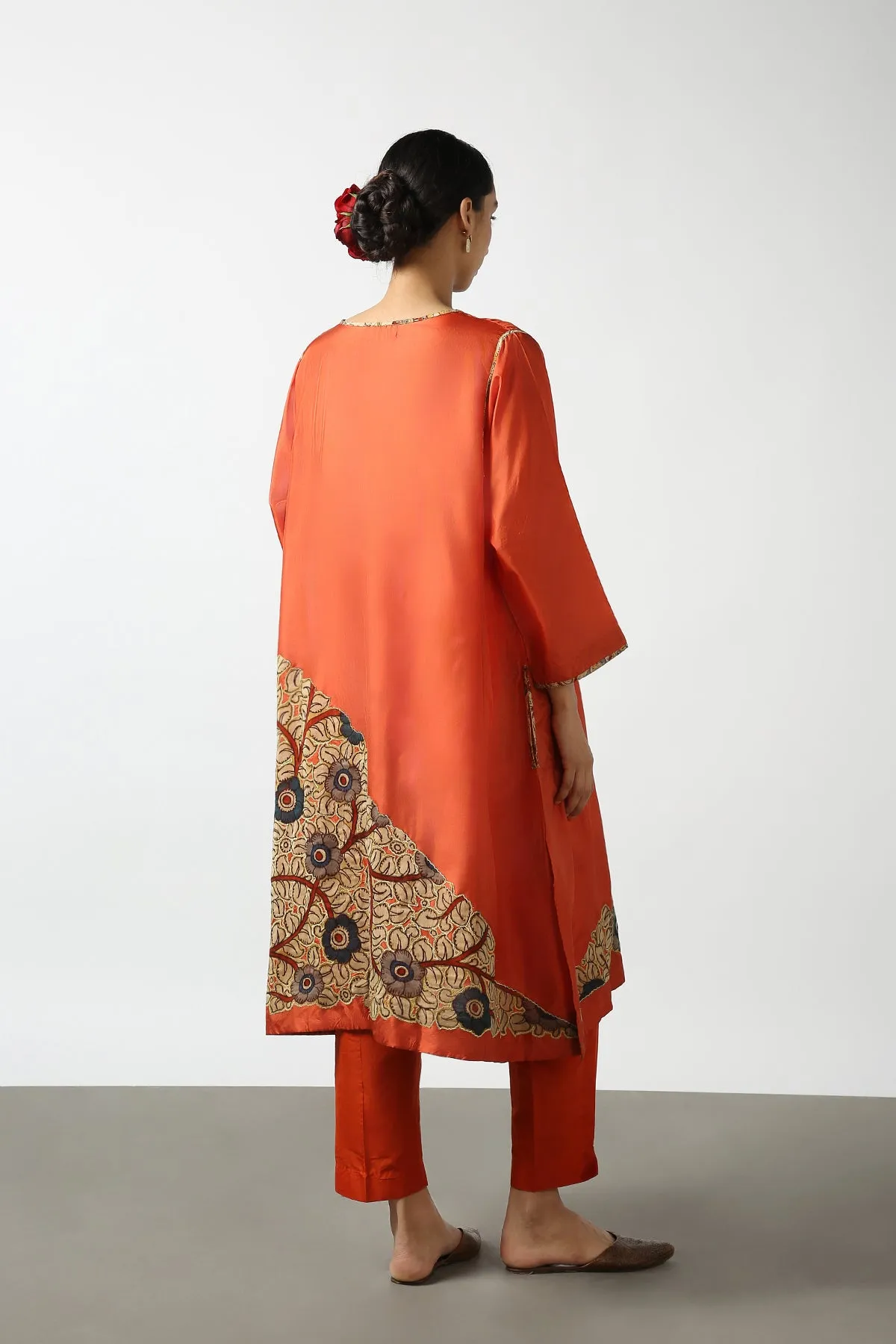 Orange Kalamkari Applique Silk Tops With Kanchi Cotton Pants