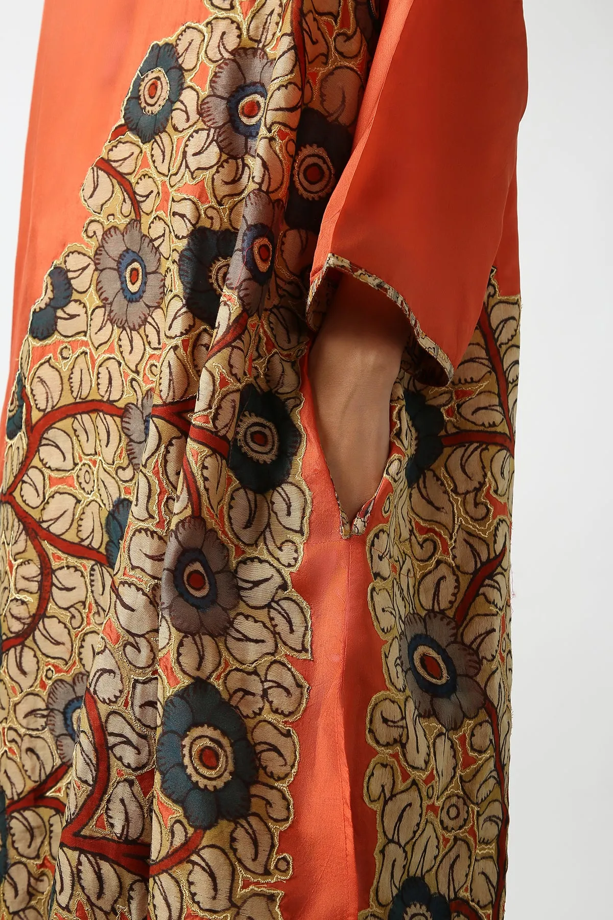 Orange Kalamkari Applique Silk Tops With Kanchi Cotton Pants