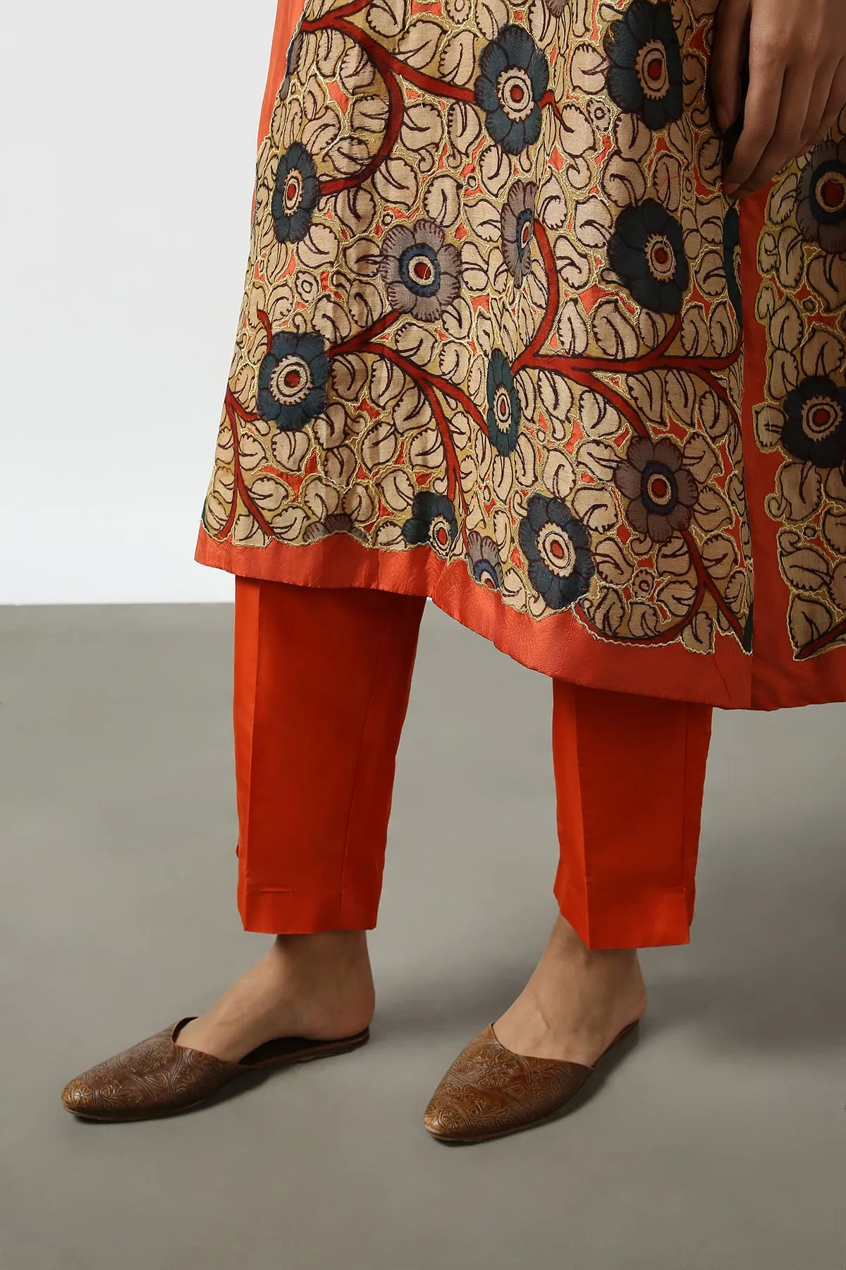 Orange Kalamkari Applique Silk Tops With Kanchi Cotton Pants