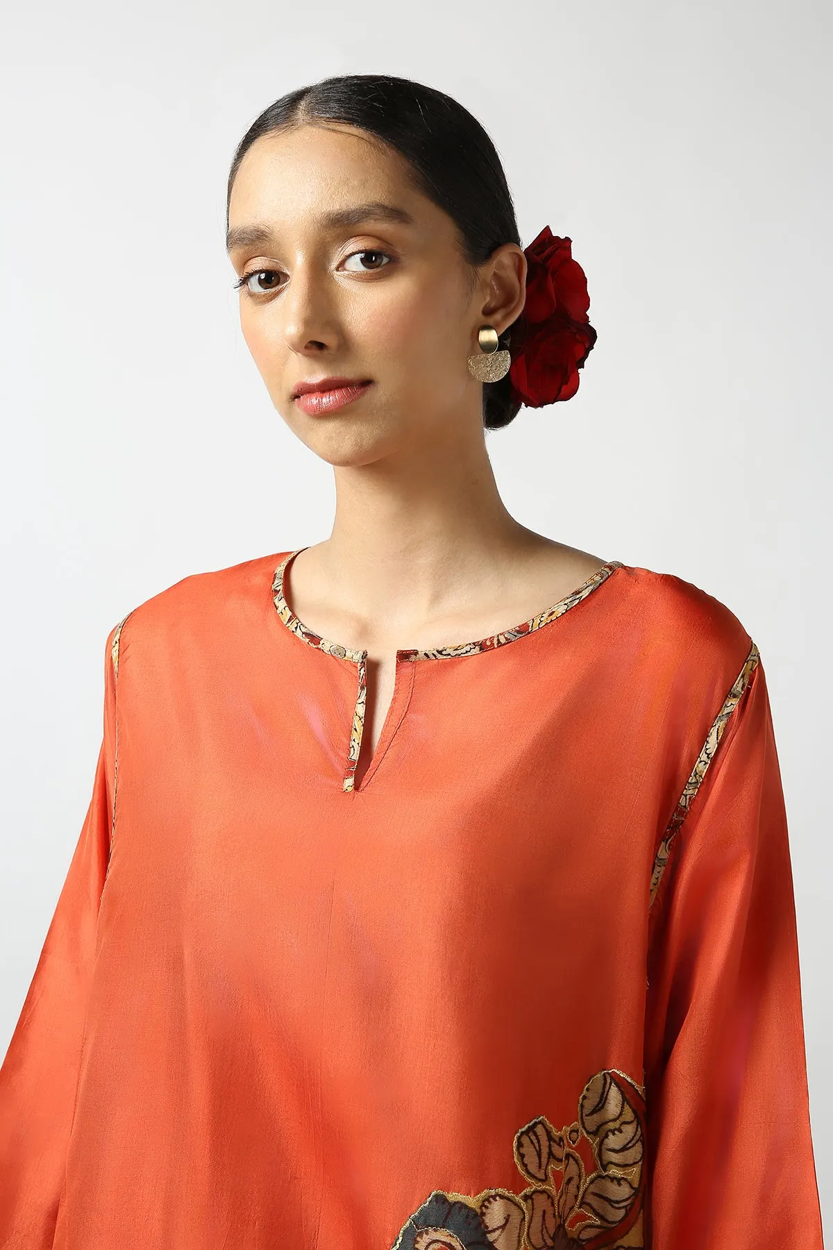 Orange Kalamkari Applique Silk Tops With Kanchi Cotton Pants