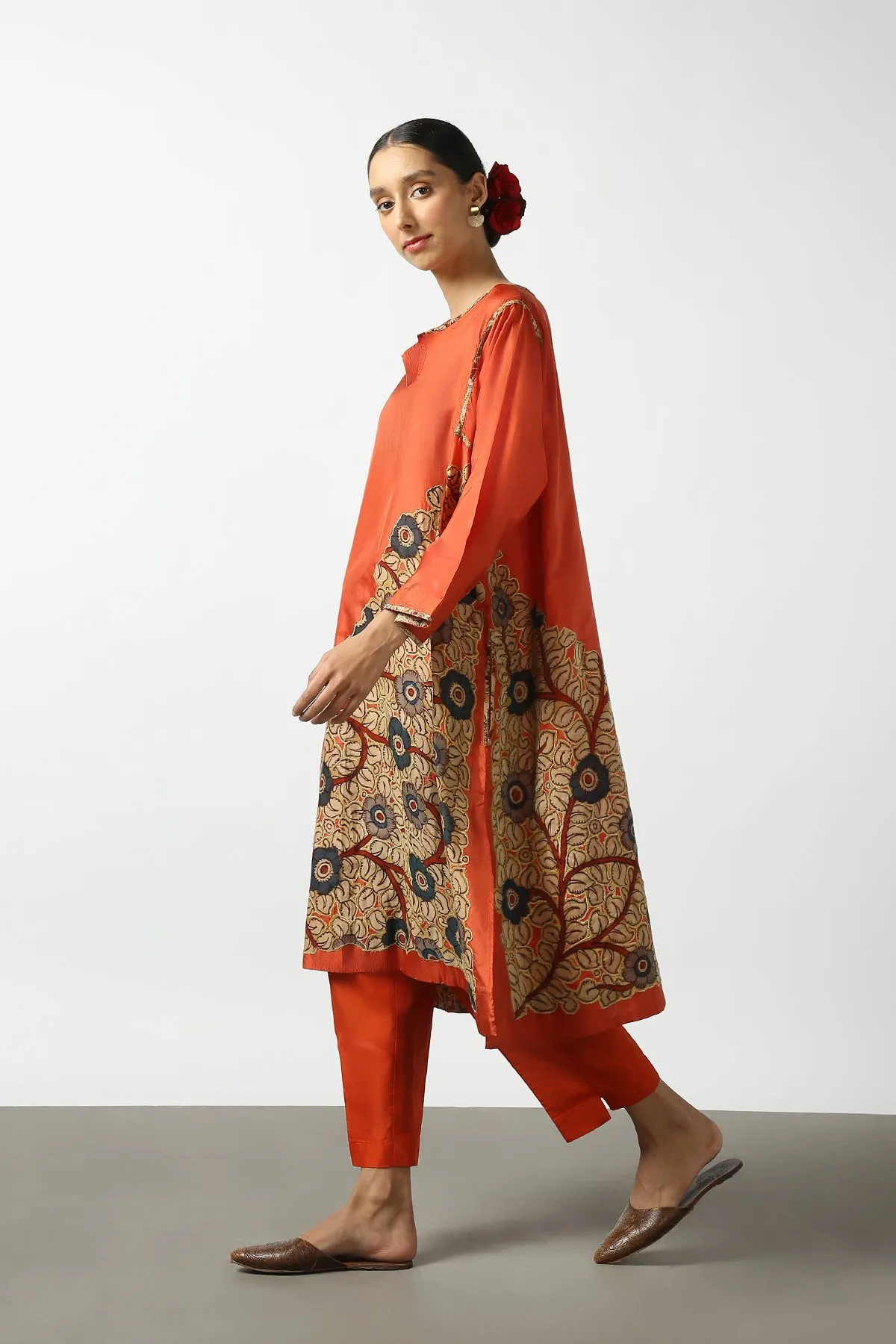 Orange Kalamkari Applique Silk Tops With Kanchi Cotton Pants