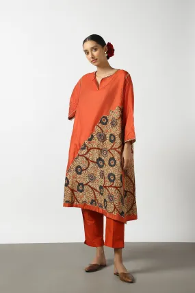 Orange Kalamkari Applique Silk Tops With Kanchi Cotton Pants