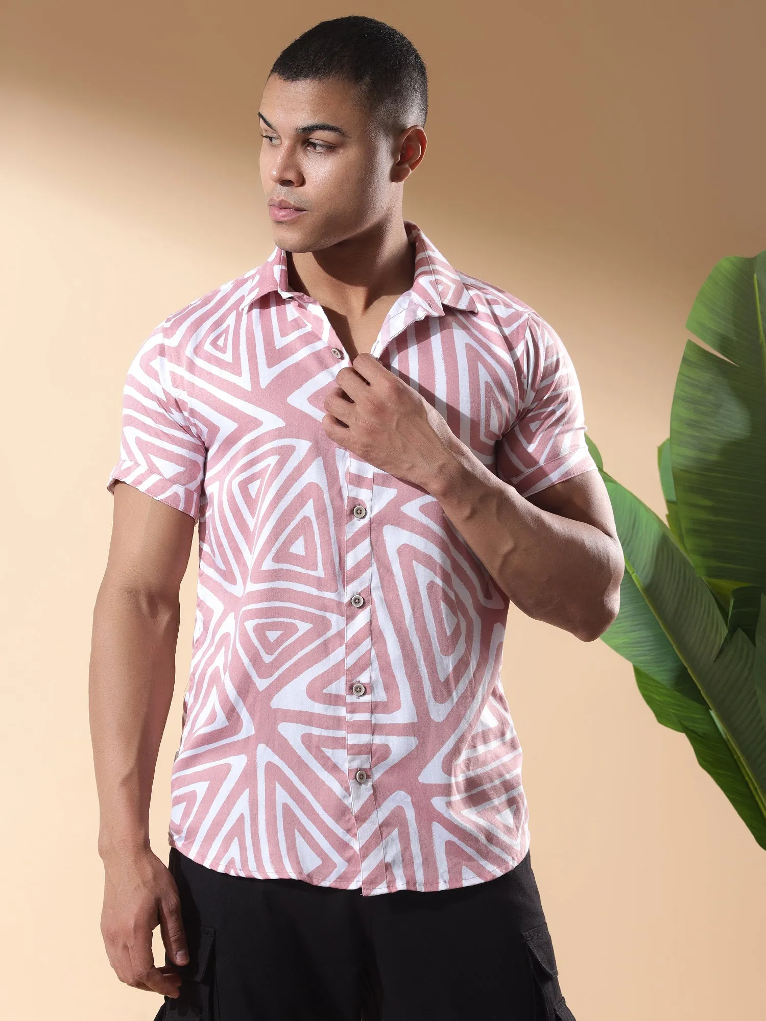 Pink Half Casual Printed Cotton Shirt Regular Fit For Man