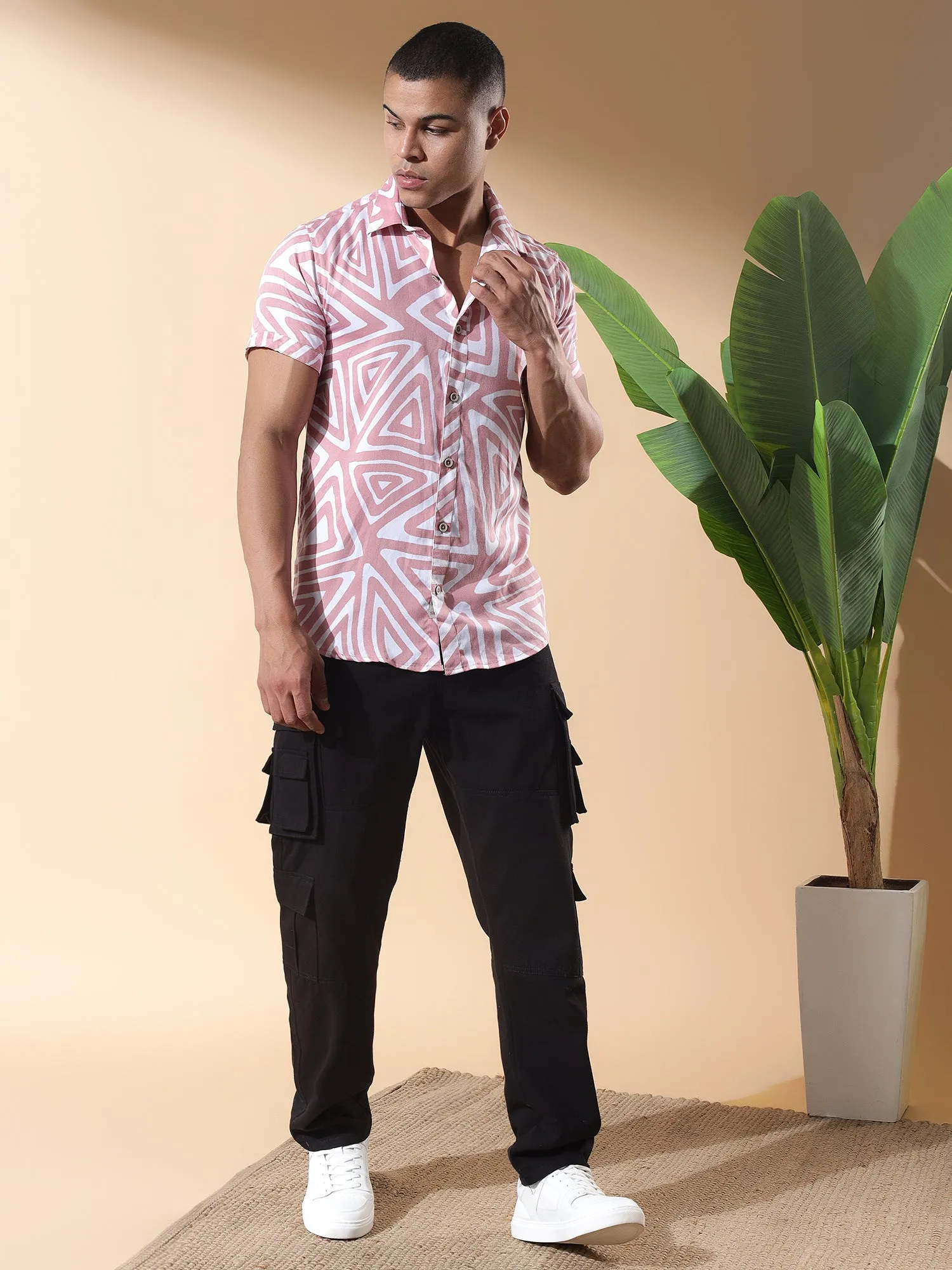 Pink Half Casual Printed Cotton Shirt Regular Fit For Man