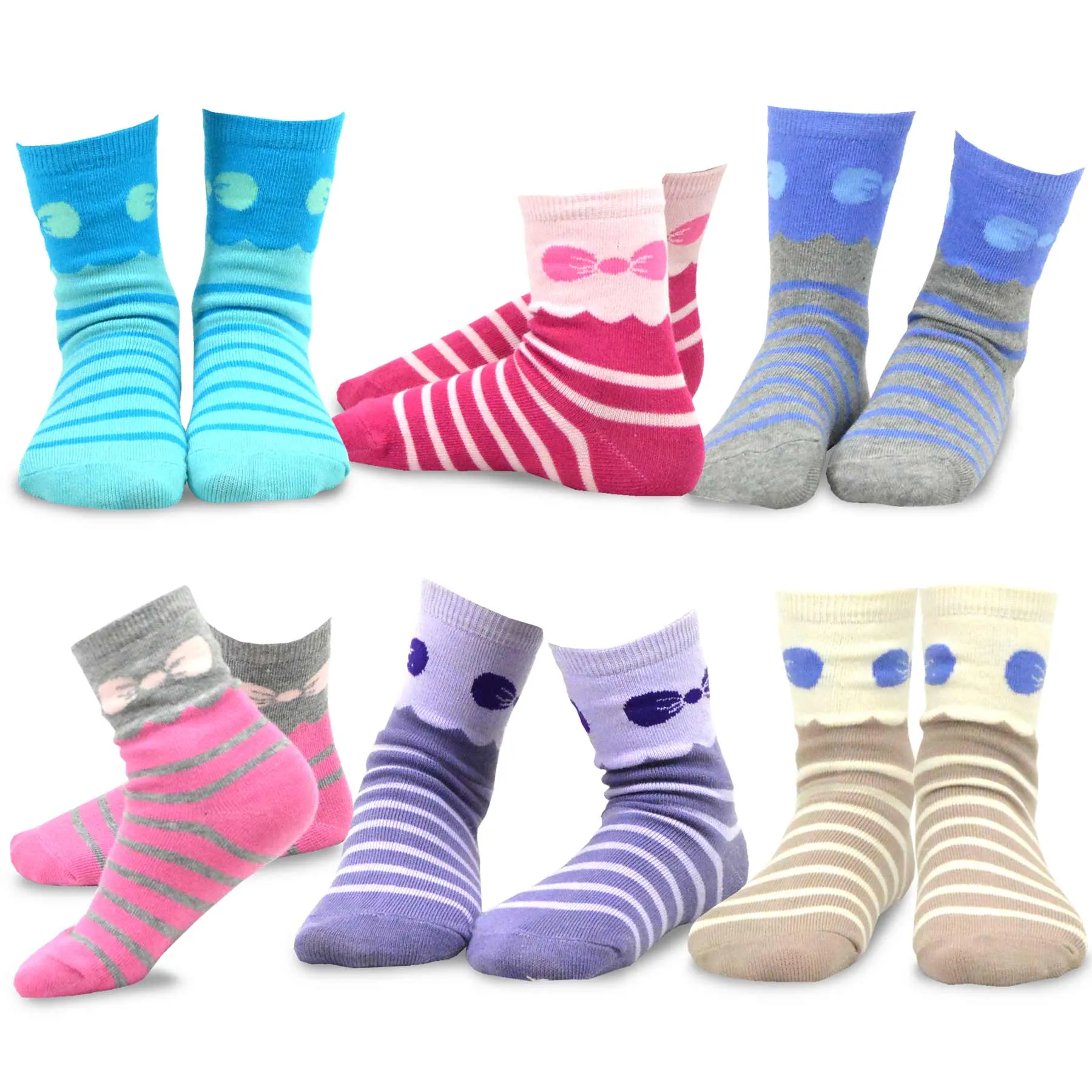 TeeHee Socks Kid's Casual Cotton Short Crew Stripes and Bow 6-Pack (70682)