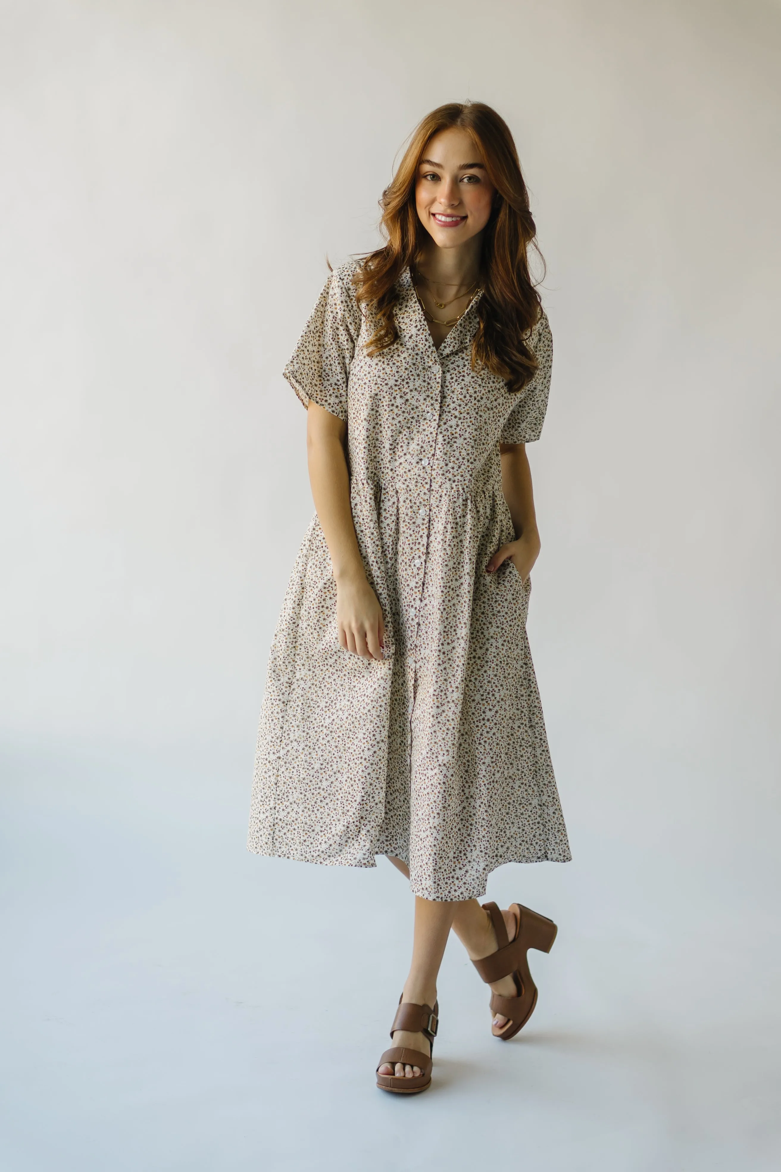 The Stayton Button-Up Dress in Brown Floral