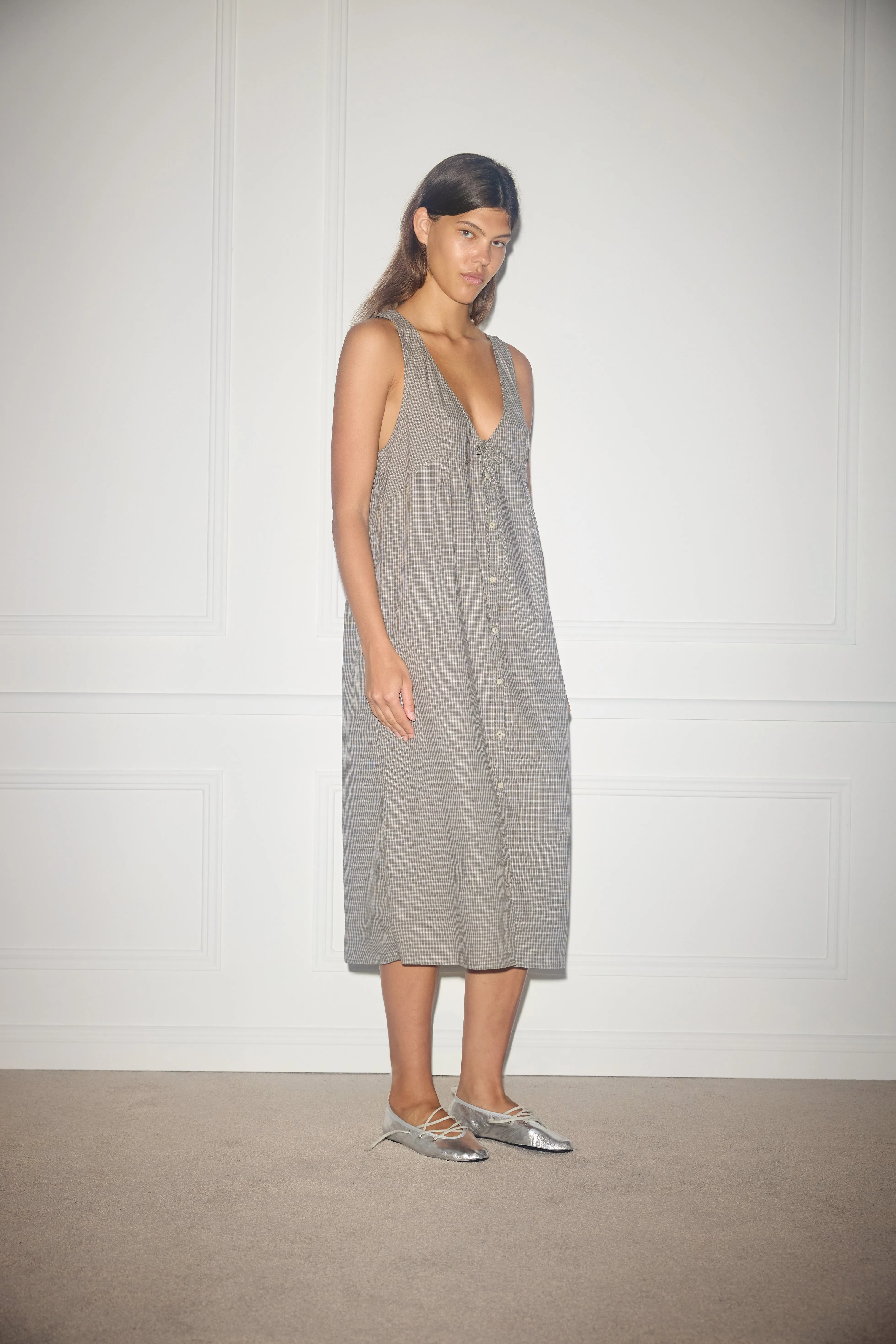 Tuck Tie Dress - Khaki Check