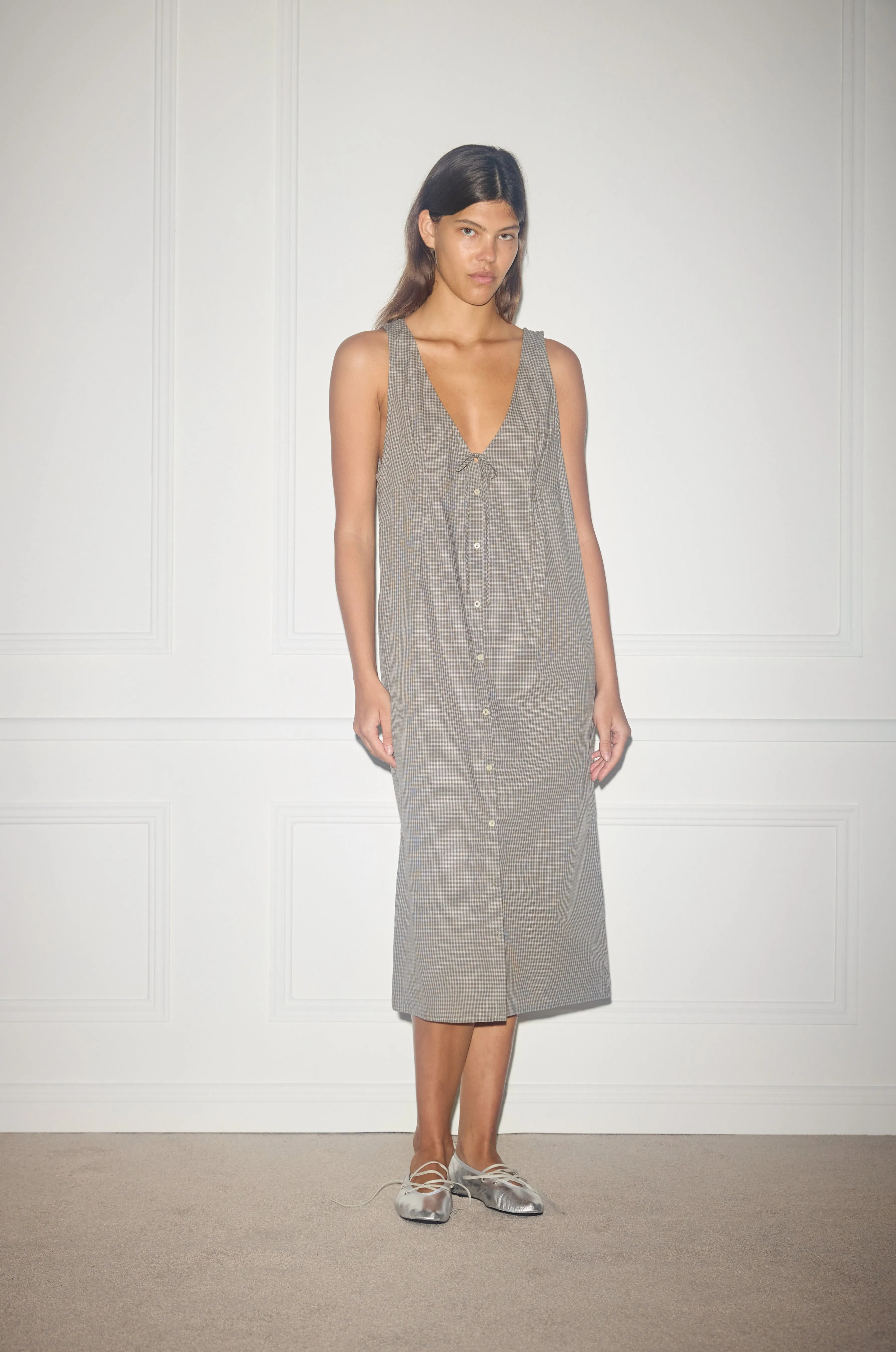 Tuck Tie Dress - Khaki Check