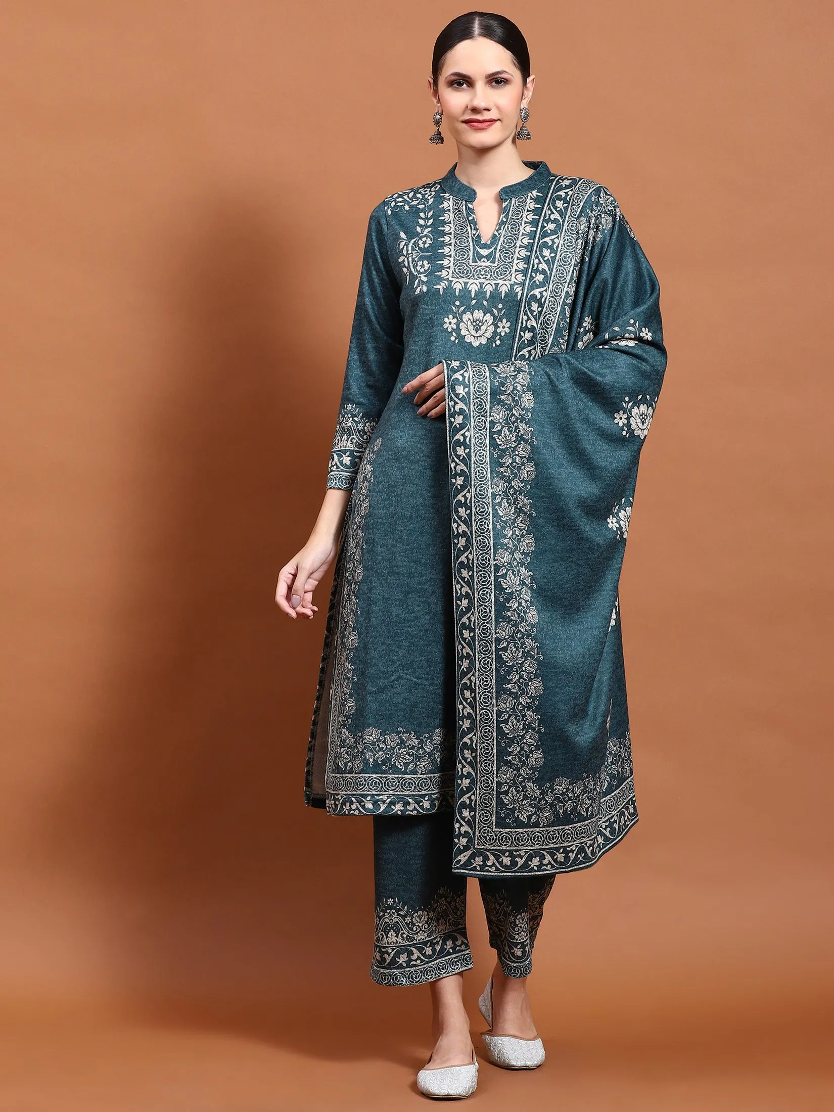 Winter Women Teal Printed Kurta Bottom Dupatta