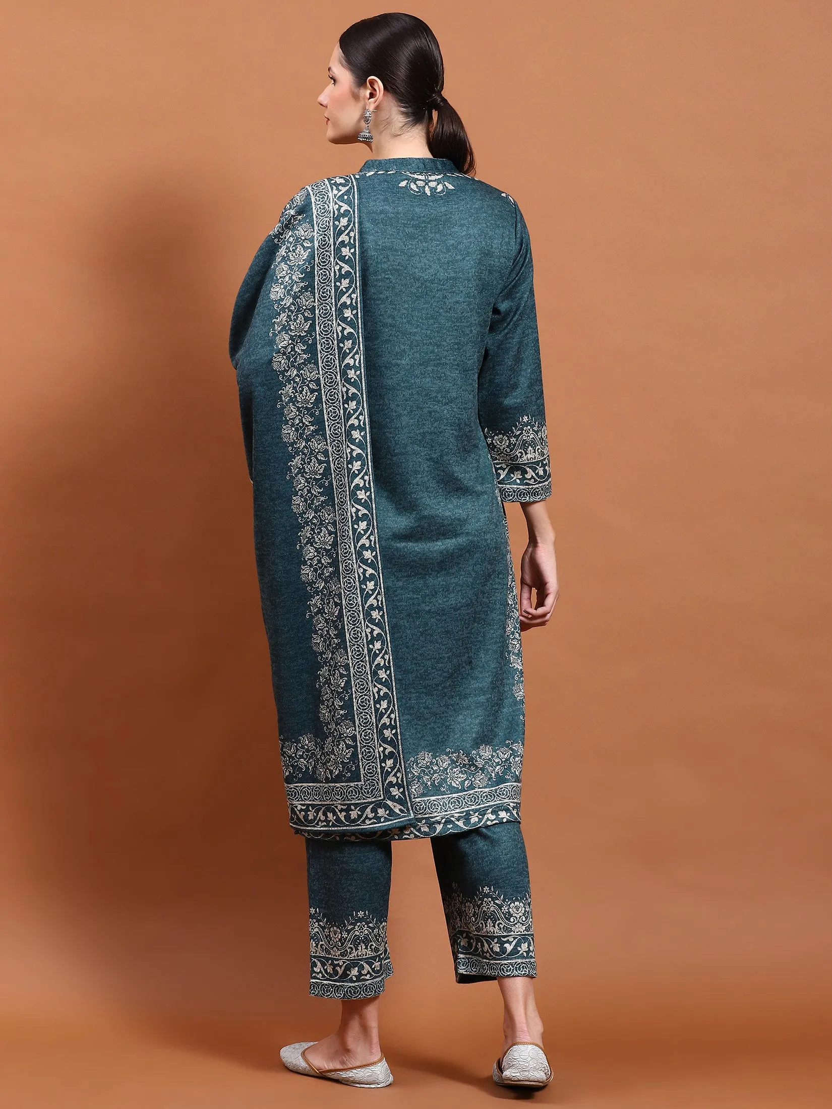 Winter Women Teal Printed Kurta Bottom Dupatta