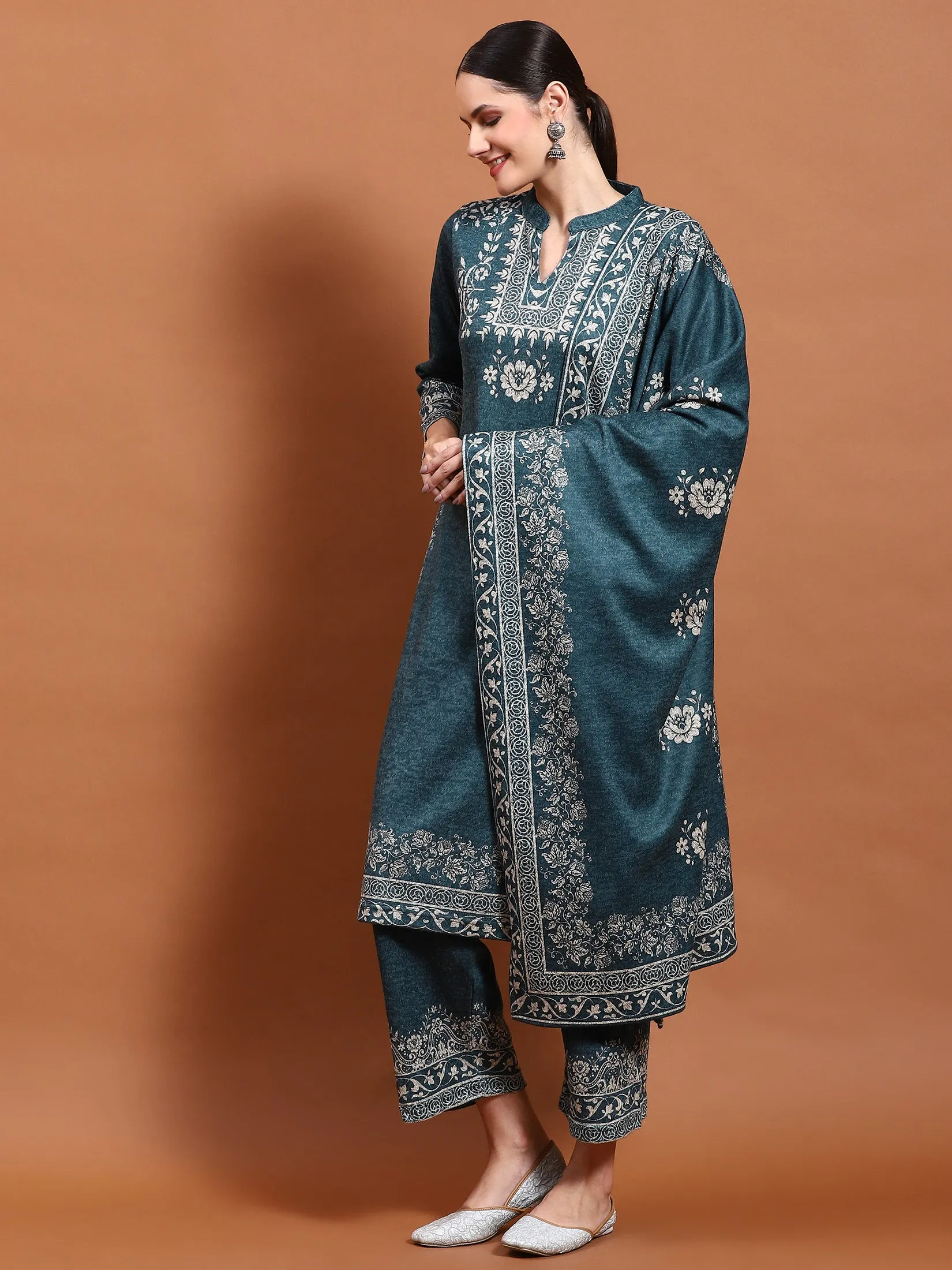 Winter Women Teal Printed Kurta Bottom Dupatta