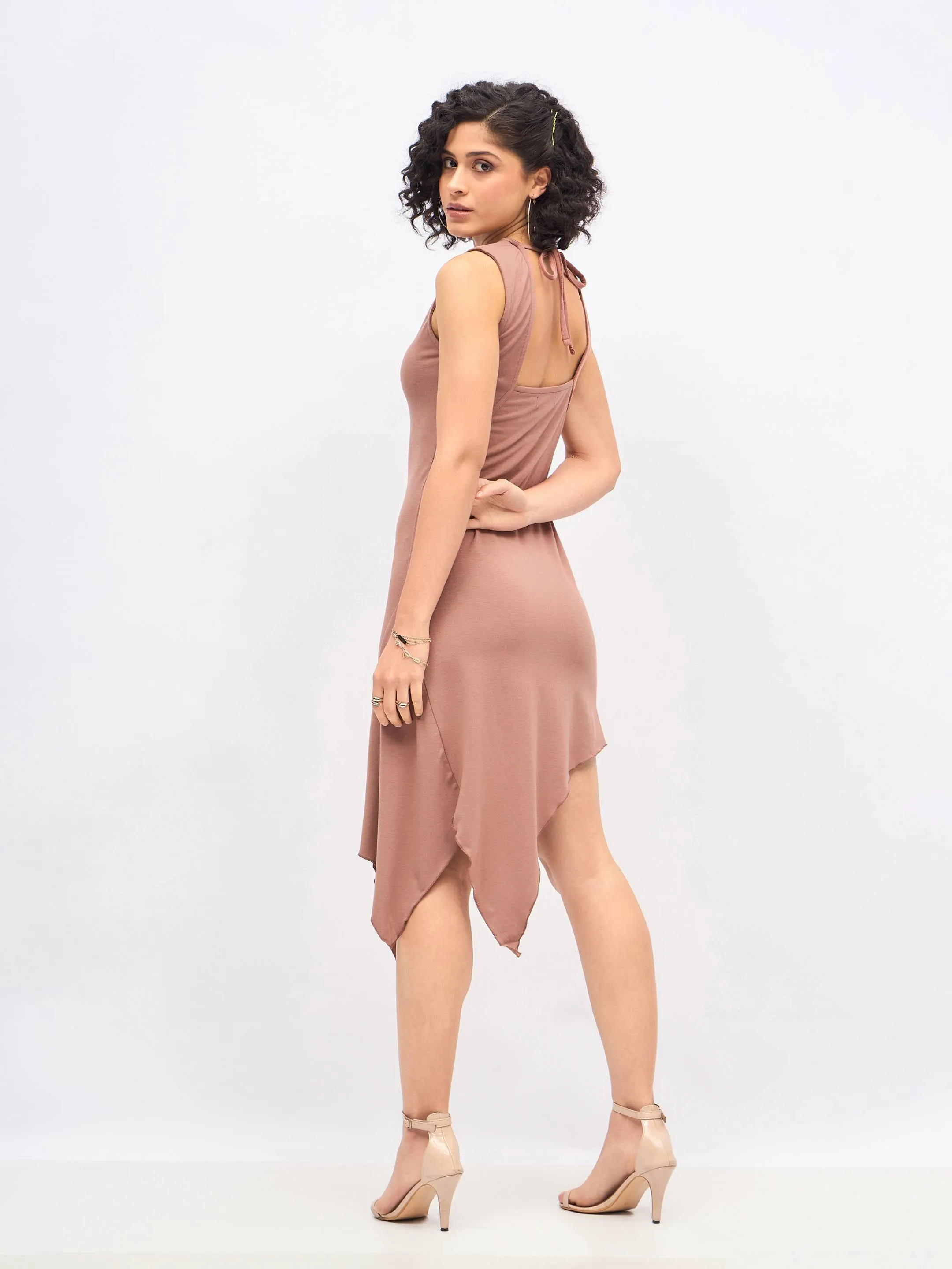 Women Brown Asymmetric Back Cut-Out Dress